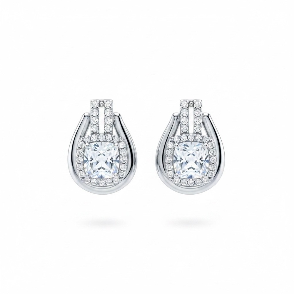 Cushion Cut Halo Drop Earrings Silver Tone Pave Crystal Bridal Wedding Jewelry